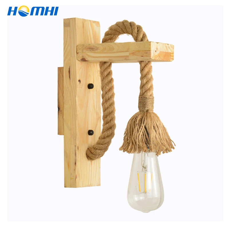 

Homhi Hemp Rope Wooden Seat Wall Lamp Vintage Wooden Decorative Lamp For Bedroom Corridor Lamp Home Decor Indoor Light HWL-113