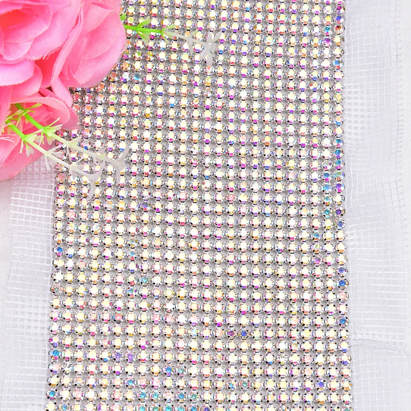 24 Rows Crystal AB Color Bling Silver Claw Rhinestone with White Mesh Net Sew on Diamond Trimming DIY Bags Shoes Bow Decoration