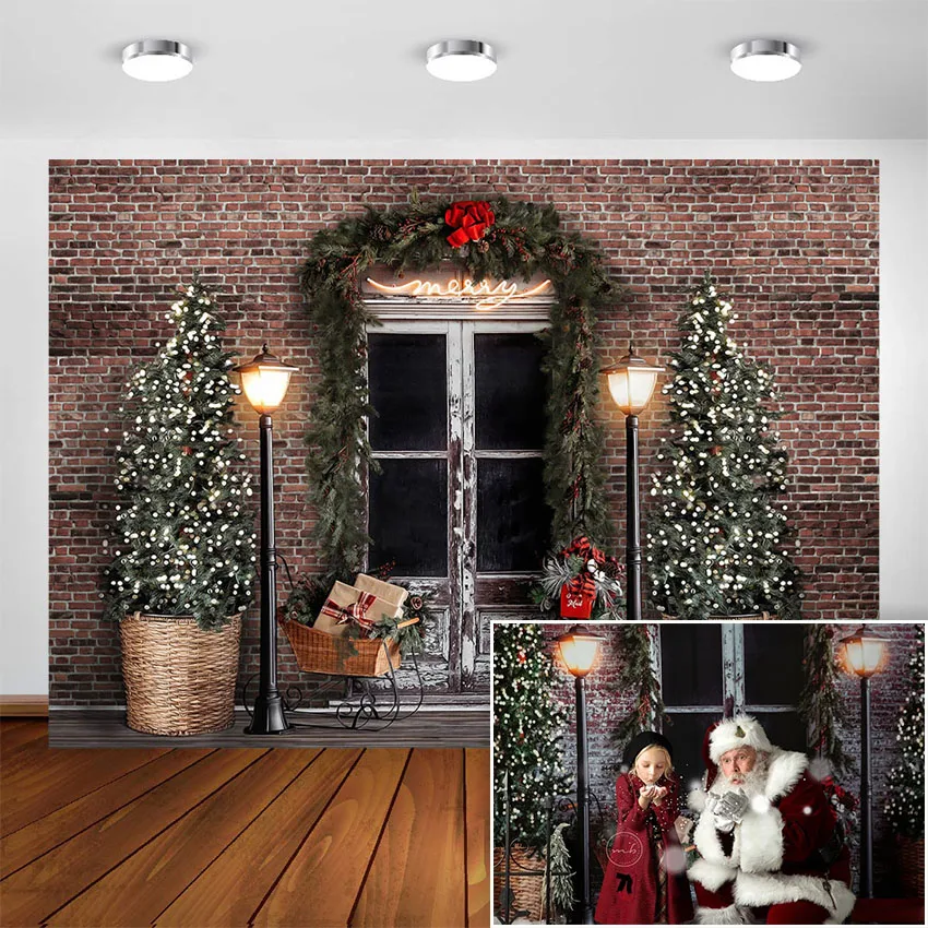 Christmas Photography Backdrop Brick Wall Green Garland Pine Tree Door Street light Children Baby Kids Photo Studio Background