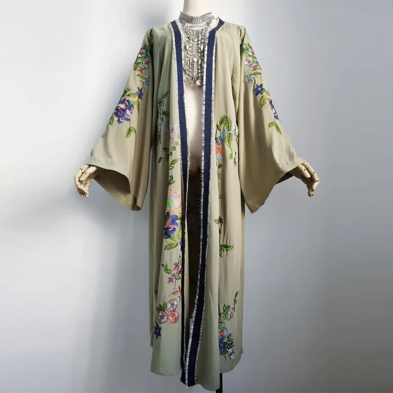 Imagem -04 - Teelynn-cardigã Boho Longo para Mulheres Verde Claro Bordado Floral Cobertura de Biquíni de Praia Kaftan Robe de Quimono Blusas Soltas Verão