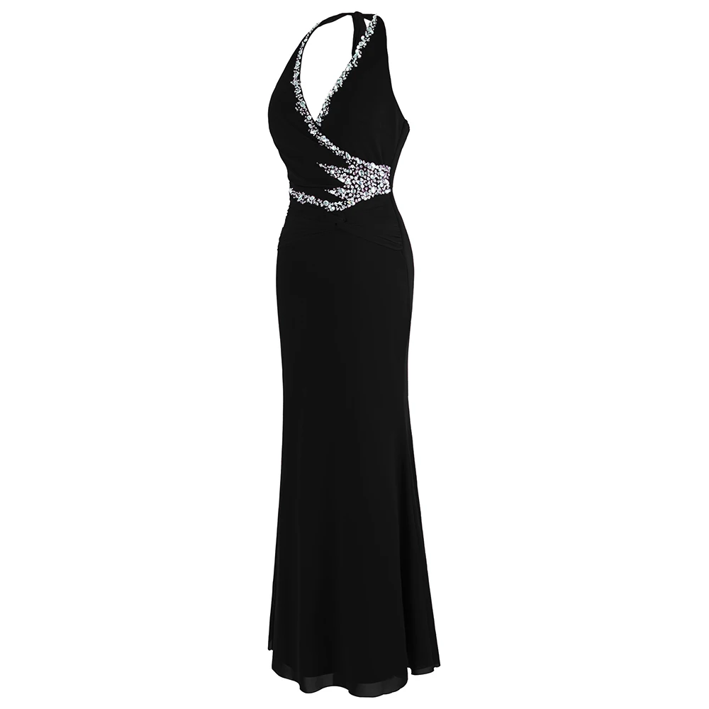 Angel-fashions-Vestidos de Noche negros con cuentas y cuello Halter, vestido largo Formal para fiesta, 474, 484