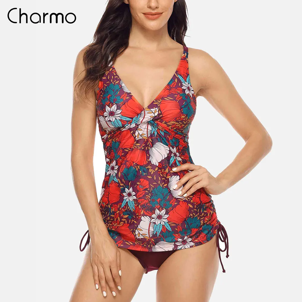 Charmo Women Swimwear Tankini Set Two Piece Vintage Floral Printed Swimwear Back Cross Swimsuit Beachwear Bathing Suit