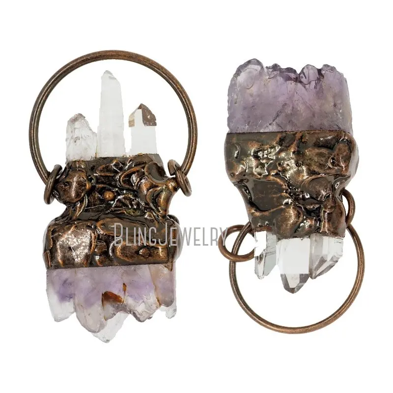 

Rustic Copper Plated Fancy Hoop Bail Raw Amethyst Pendant Antique Crystal PM38103