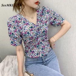 Sexy Printed Summer Blouses Women 2024 Casual Puff Sleeve V Neck Harajuku Ladies Tops Korean Clothes Vintage Chiffon Blouse