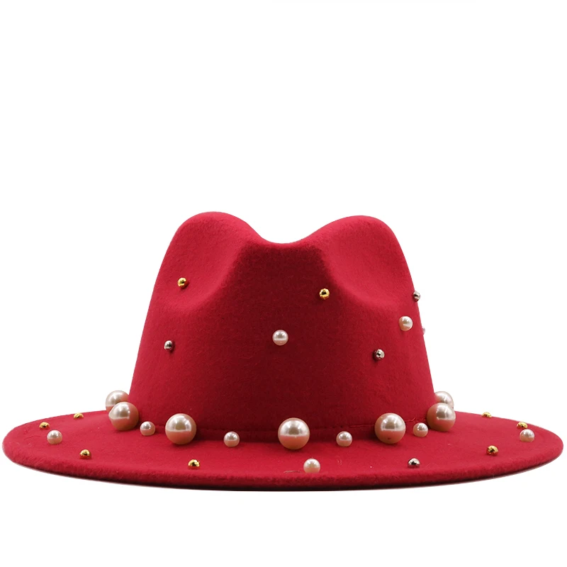 New Women Men Wool Fedora Hat With Big Pearl Gentleman Elegant Lady Winter Autumn Wide Brim Church Panama Sombrero Jazz Cap