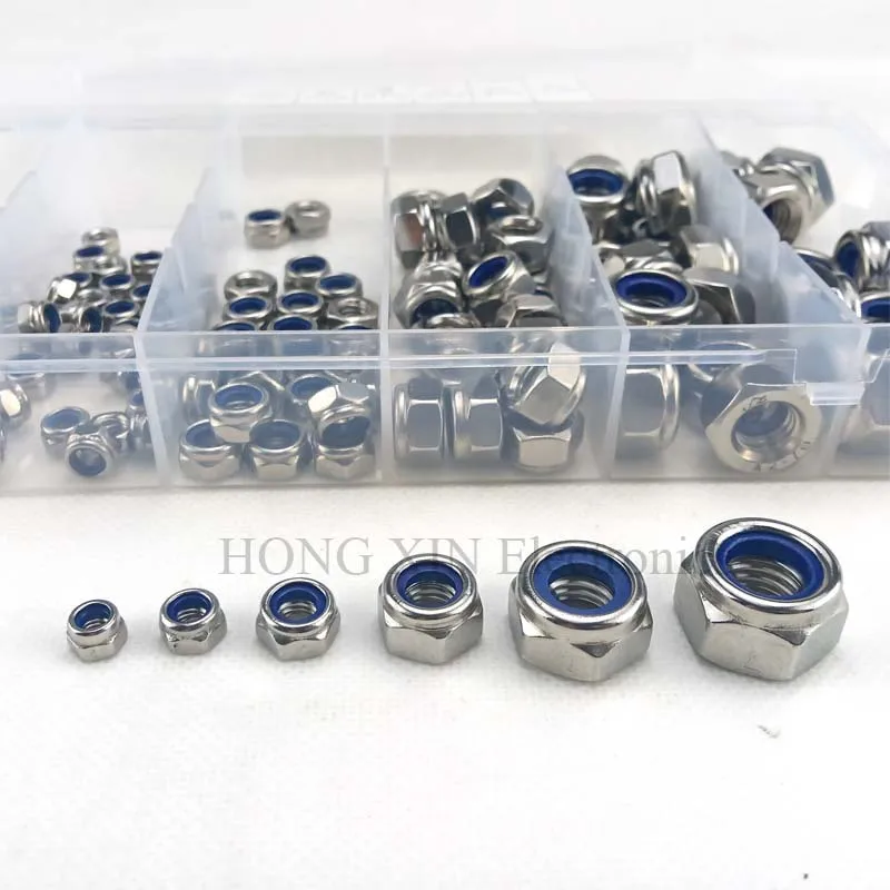 146pcs/set 304Stainless Steel Steel Nylon Lock Nut F-locking Hex Locknut Assortment Kit