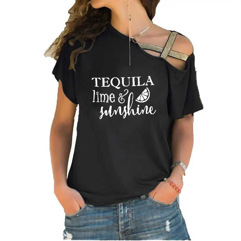 Camisetas con estampado de letras de Tequila Lime & Sunshine para mujer, camiseta de manga larga para mujer, camisetas cruzadas de madeja Irregular