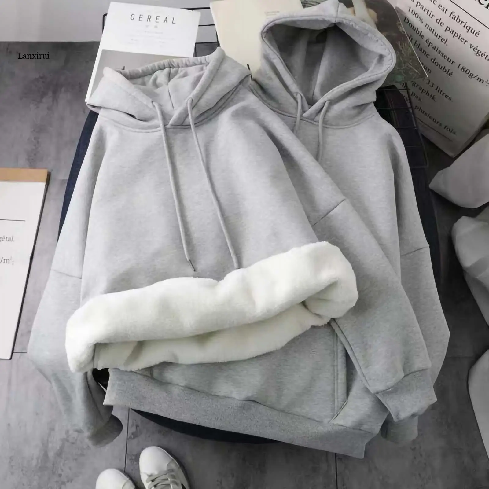 ผู้หญิงฤดูหนาวหนาขนแกะ Hooded Sweatshirt Warm Hoody เสื้อกันหนาวเสื้อกันหนาว Casual Tops Lady Long Sleeve