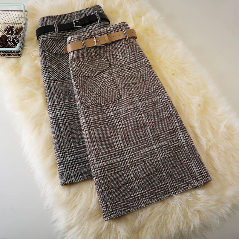 

Autumn winter high waist plaid woolen skirt women mid-length A-line one-step bag hip skirt