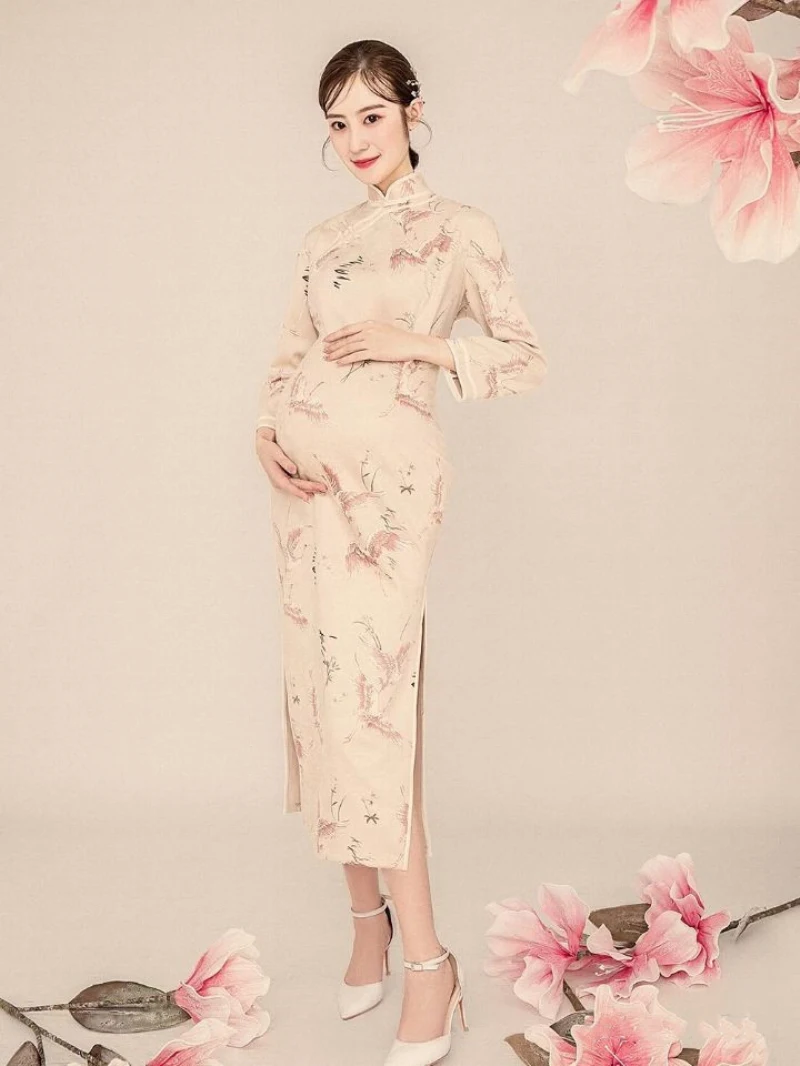 New Maternity Photo Clothing National Style Printed Cheongsam Photo Art Maternity Photo Studio Photography Maternity Dress