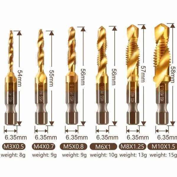 

Titanium Plated Hex Shank HSS Screw Thread Metric Tap Drill Bits Machine Compound Hand Tools M3 M4 M5 M6 M8 M10 Tap Drill