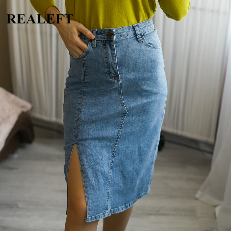 

REALEFT 2021 New Women Denim Skirts Vintage OL Style Patchwork High Waist Slim Casual Women's Midi Skirts Female Spring Summer