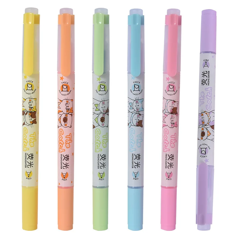 6 pcs/pack Double Head With Aroma Cute Cat Dog Drawing Color Highlighters Promotional Markers Gift Stationery