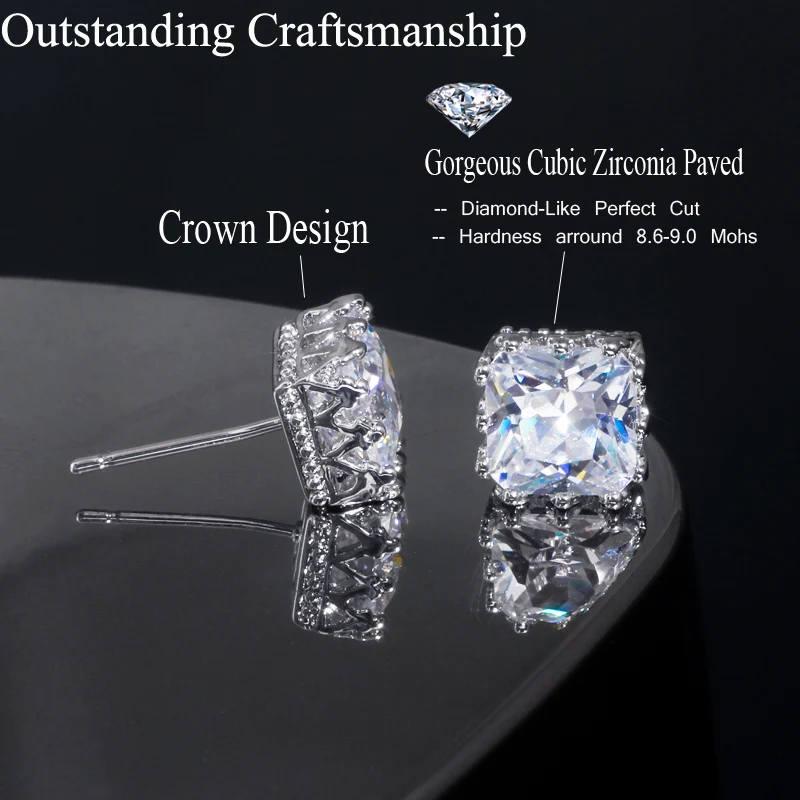 CWWZircons 2022 new design white gold color square crown 5A cubic zirconia big post stud earrings for women CZ029