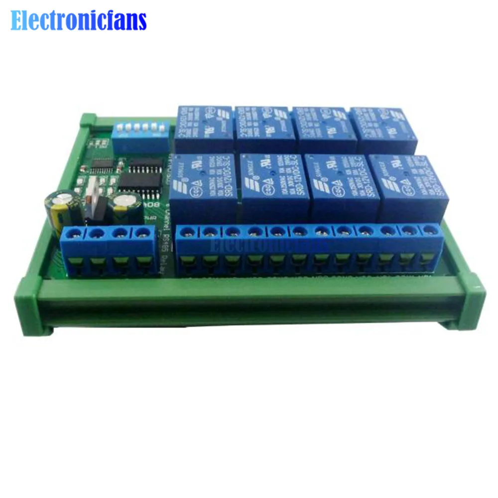 DC 12V 8 canali modulo relè RS485 protocollo Modbus RTU telecomando scheda di espansione PLC con scatola guida DIN