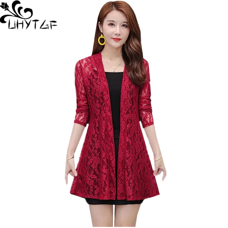 UHYTGF 5XL Summer Lace Cardigan Long Hollow Sunscreen Jacket Women Casual Pink Black Red White Long-sleeve Thin Coat Woman 1675