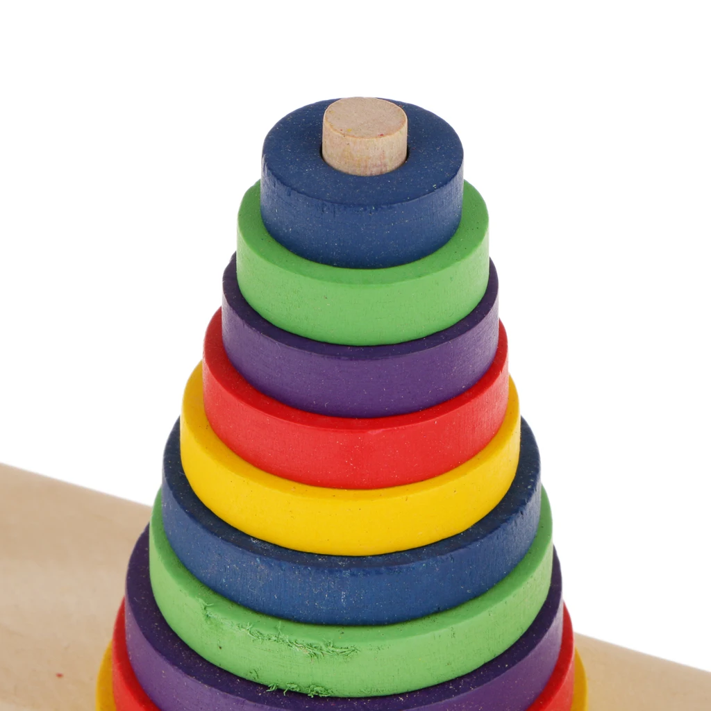Tower of Hanoi Wooden Puzzle 10 Rings Geometric Stacker Kids Developmental Toy, 10 Colorful Pieces