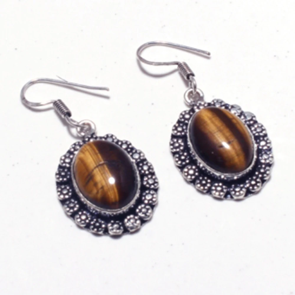 Genuine Tiger Eye Silver Overlay on Copper Earrings ,Hand made Women Jewelry Gift ,  E5324