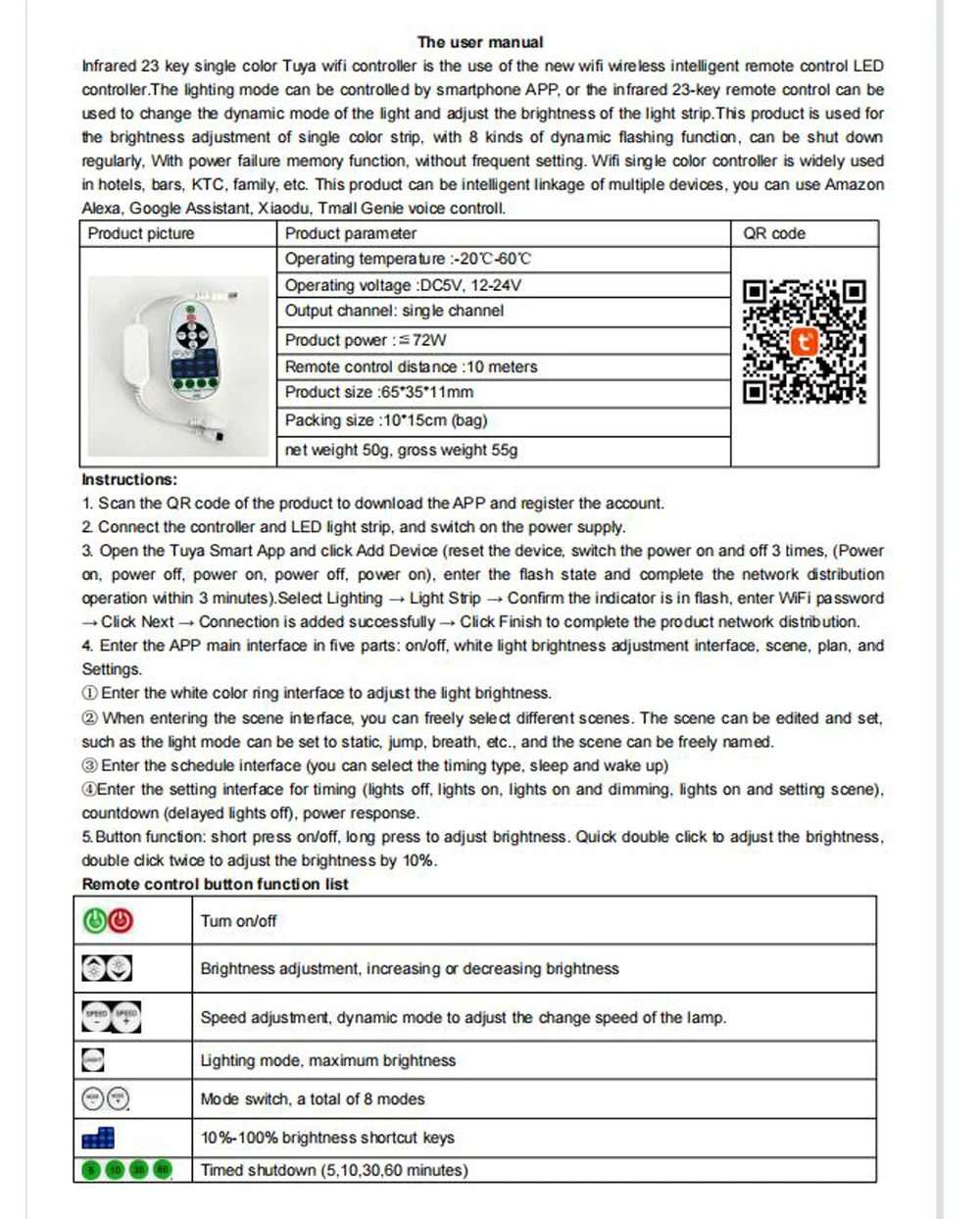 DC12-24V Led Wifi Controller With IR 23Key Remote Control Wireless Tuya WiFi Controller for 2835 5050 LED Strip Light /Module