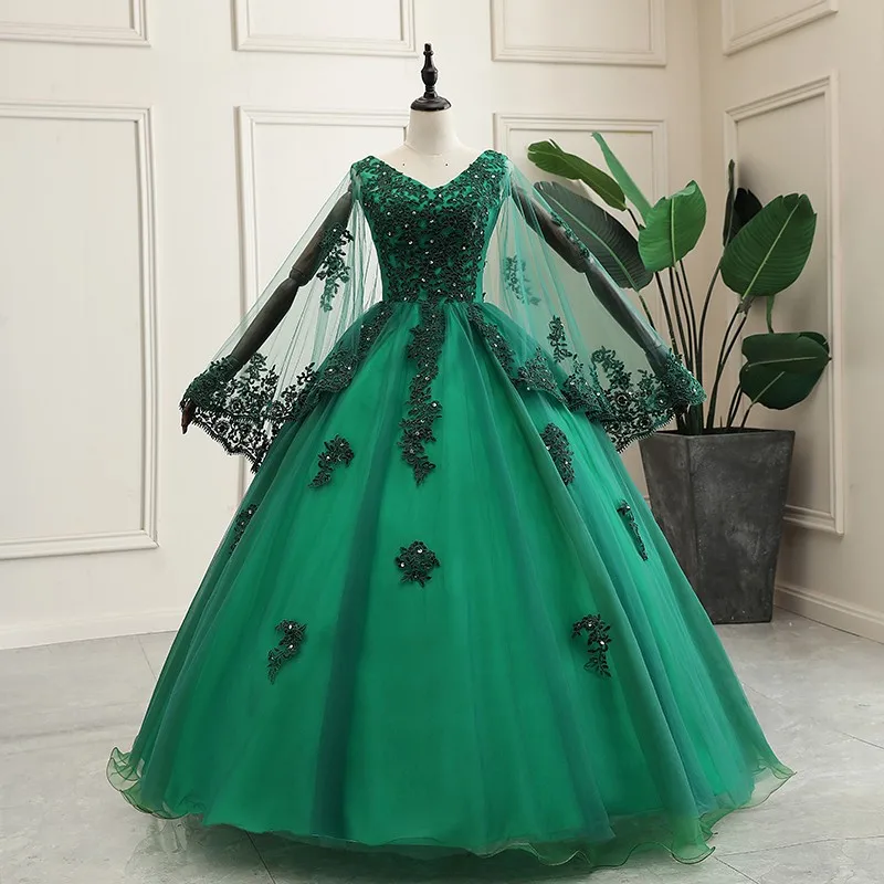 2021 Nieuwe Quinceanera Jurken Lange Mouw Elegante V-hals Party Dress Luxe Kant Baljurk Vintage Prom Dress Aanpassen Grootte