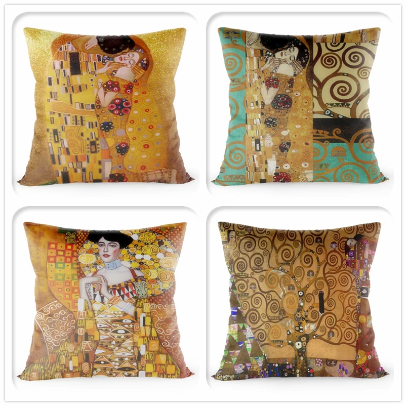 

Gustav Klimt Painting Cushion Cover Gold Pattern Print Pillow Cover Satin 40*40 CM Throw Pillowcase Decorative For Home