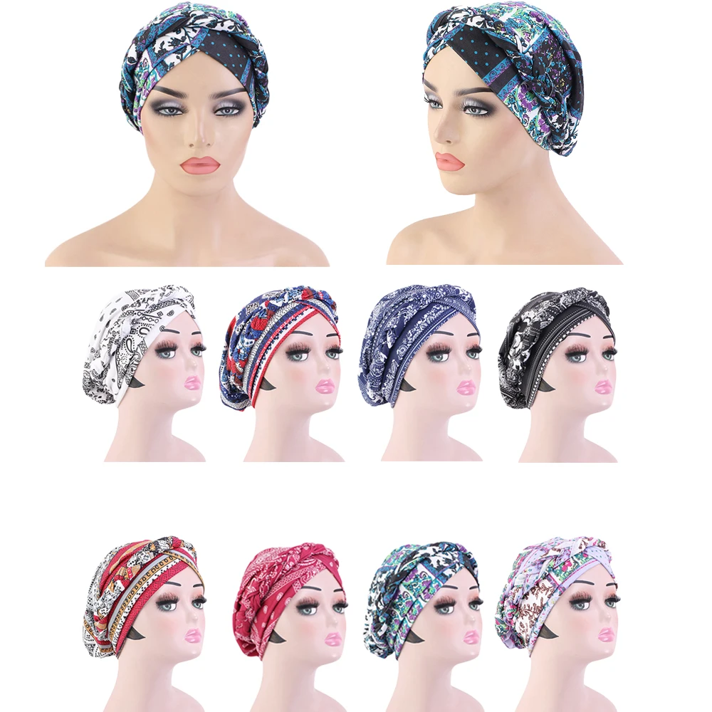 2020 Mới Bohemian Vintage Cho Nữ Áo Bra Dây Băng Đô Cài Tóc Turban Gọng Mũ Cotton In Hoa Khăn Trùm Đầu Bonnet Châu Phi Mũ Sẵn Sàng Mặc Hồi Giáo Hijab