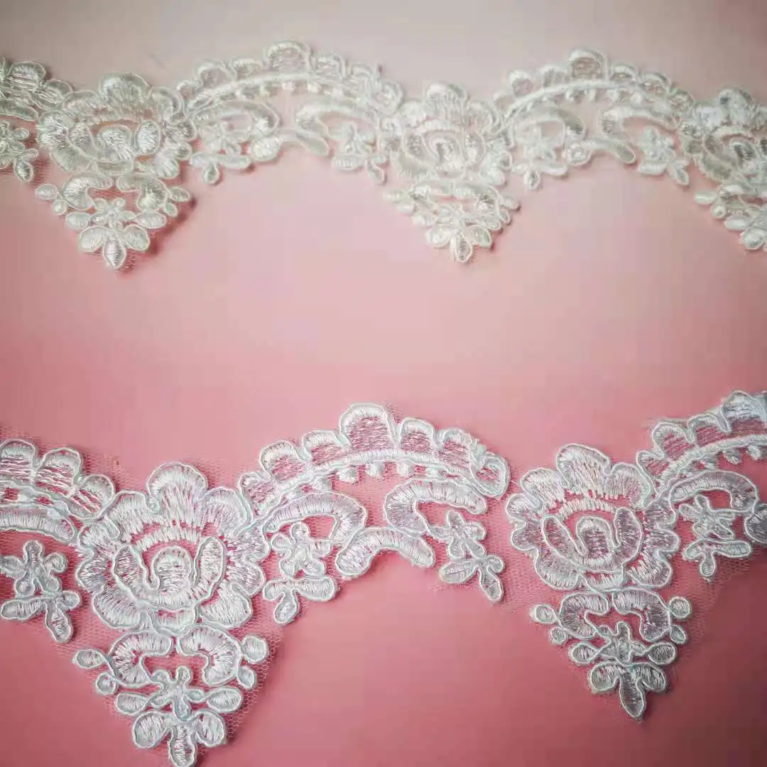 9Yards 8cm Wide Pure White Ivory Edge Polyester Embroidery Lace Trim for Bridal Wedding Gown Costume Design Lace Ribbon
