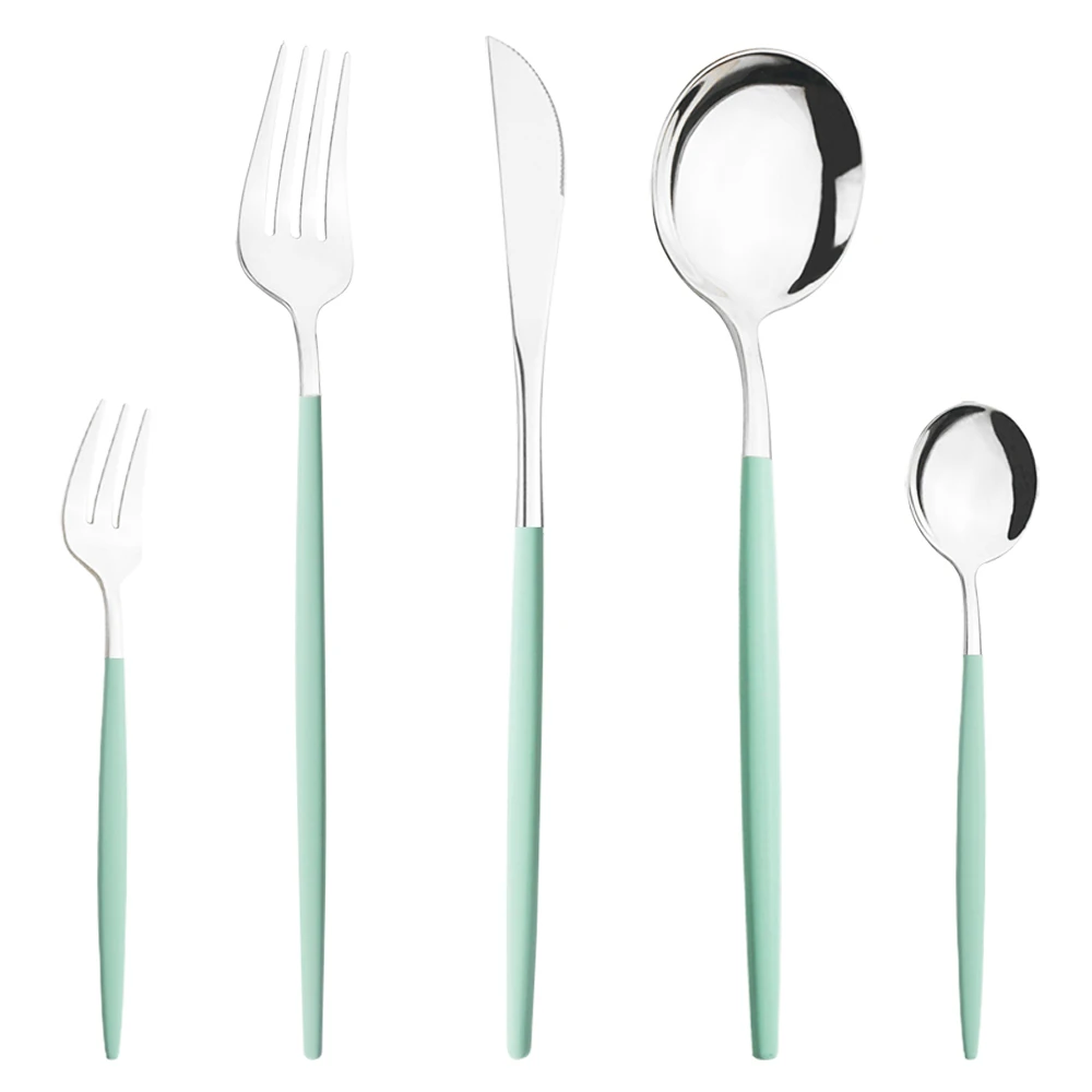 Silverware Mint Green Silver 5pcs/set Dinnerware Cutlery Knife Cake Fork Coffee Tea Spoon Stainless Steel Flatware Tableware Set