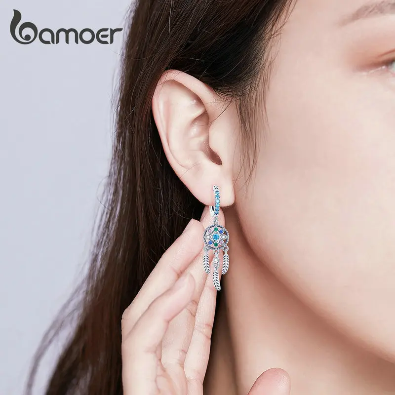 BAMOER 925 Sterling Silver Bohemia Dreamcatcher Hanging Drop Earrings for Women Boho Style Earrings Fashion Jewelry 2 Colors