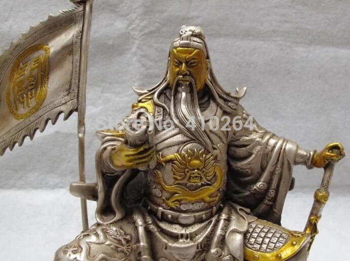 Free Shipping China White Copper Silver Gilt famous flag Guan Gong warrior reading Book Statue 20cm