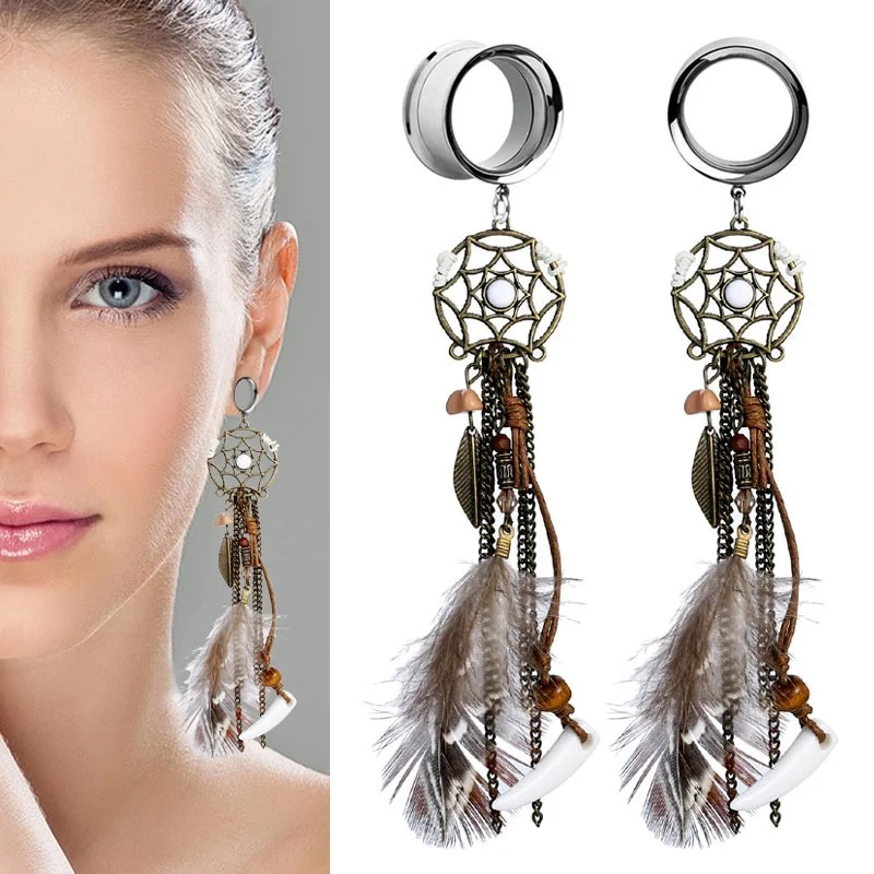 2pieces Dreamcatcher Dangle Ear Gauges Ear Flesh Tunnel Plugs Bohemian Feather Tassel Ear Reamer Piercing Expander Body Jewelry