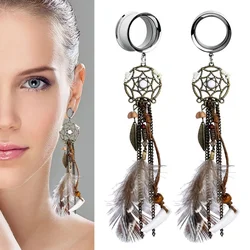 2pieces Dreamcatcher Dangle Ear Gauges Ear Flesh Tunnel Plugs Bohemian Feather Tassel Ear Reamer Piercing Expander Body Jewelry