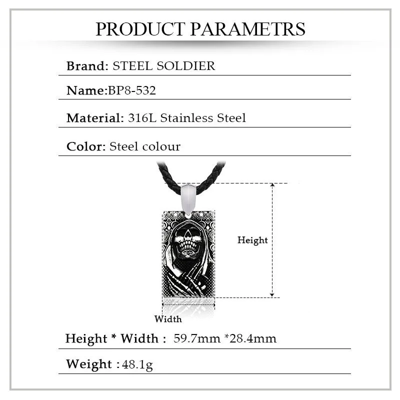 Beier Stainless Steel Grim Reaper Death Scythe Geometric Square skull Pendant Pendant Chain Necklace men Jewelry BP8-532