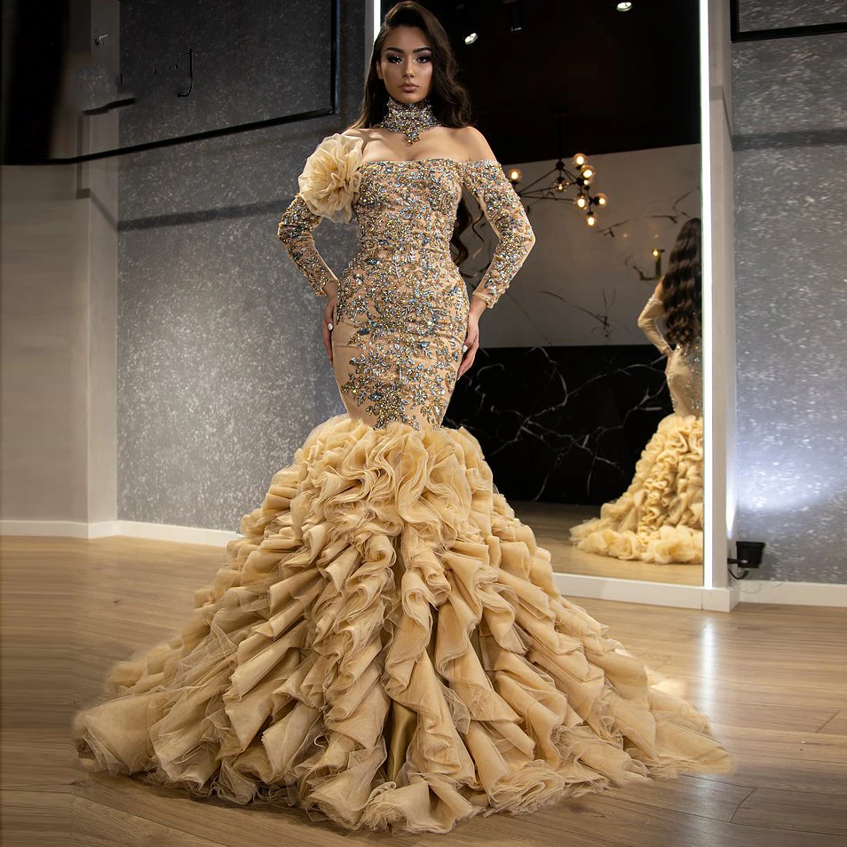 

Dubai Prom Dresses Gorgeous Champagne Evening Dress Sleeve robe de soiree Puff Mermaid Formal Gown Ruffle Beads vestido de festa