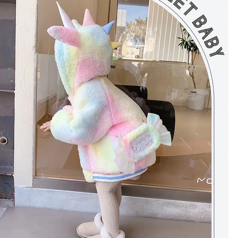 2-8 Year Girls Coat Cute Colorful Unicorn Jacket For Girls Winter Warm Hooded Parka Snowsuit Toddler Children Outerwear Clothing