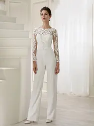 White Jumpsuit Women Lace Stitching Long Sleeve O-neck Plus Size Wide Leg Long Pants Office Lady Jumpsuits for Women Lugentolo