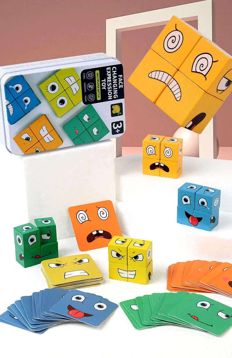 Wooden Face Changing Cube Toys Building Blocks for Cartoon Puzzle Montessori Jigsaw Educational Board Game Family Toys