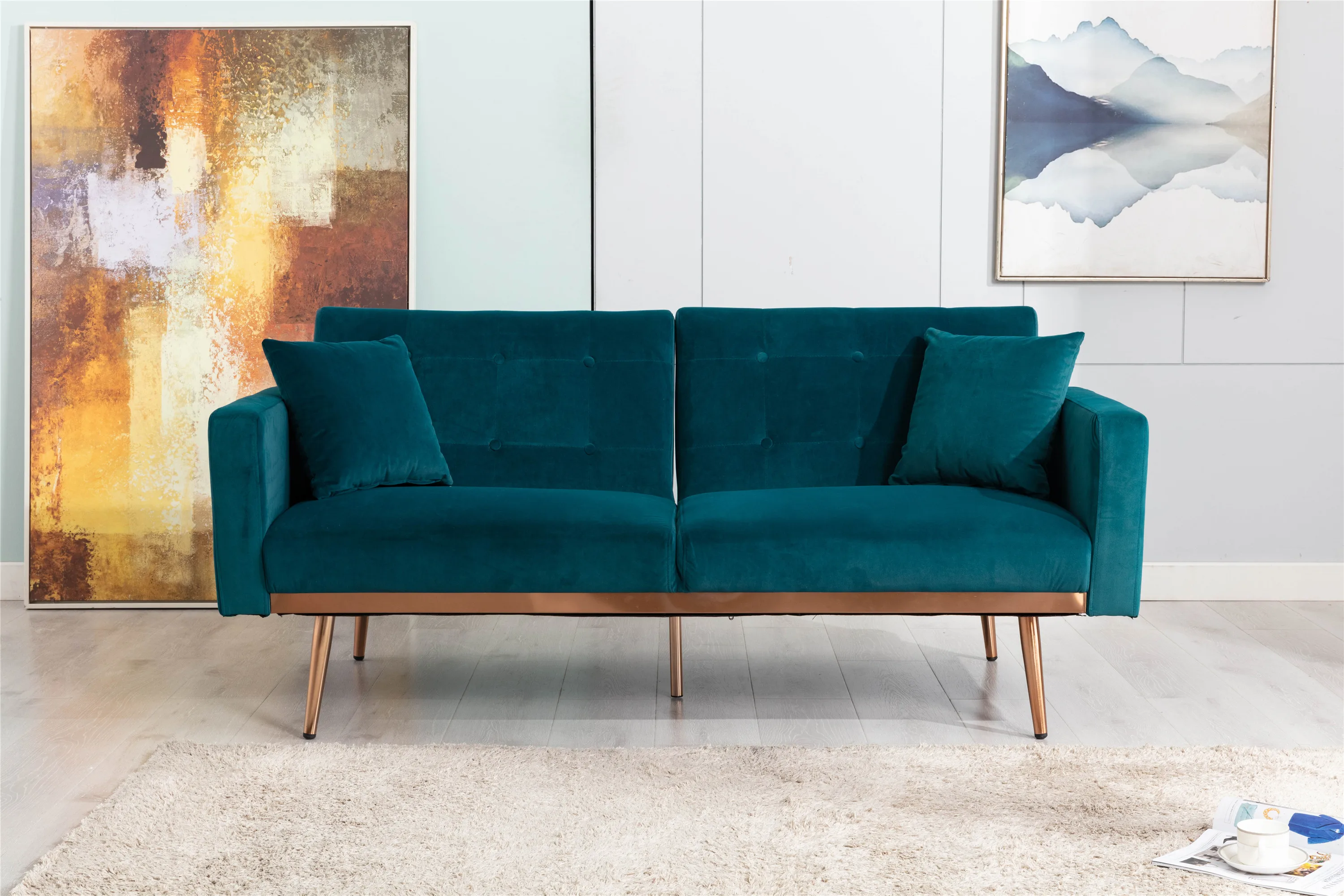 Aksamitna Sofa salon akcent Sofa Loveseat Sofa z różowym złoty Metal stopy 31Hx68Wx3 3D Cal Teal/szary/czarny [US-W]