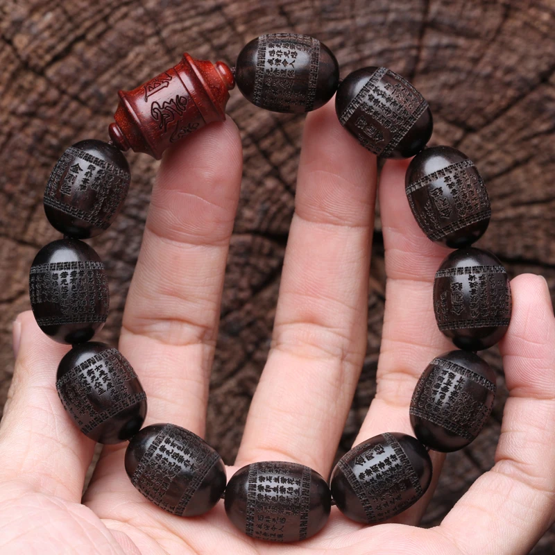 Natürliche Ebenholz Armband Olive Förmigen Schwarzen Holz Tibetischen Buddhistischen Perlen Sechs-Charakter Mantra Glück Armband – Detail 5