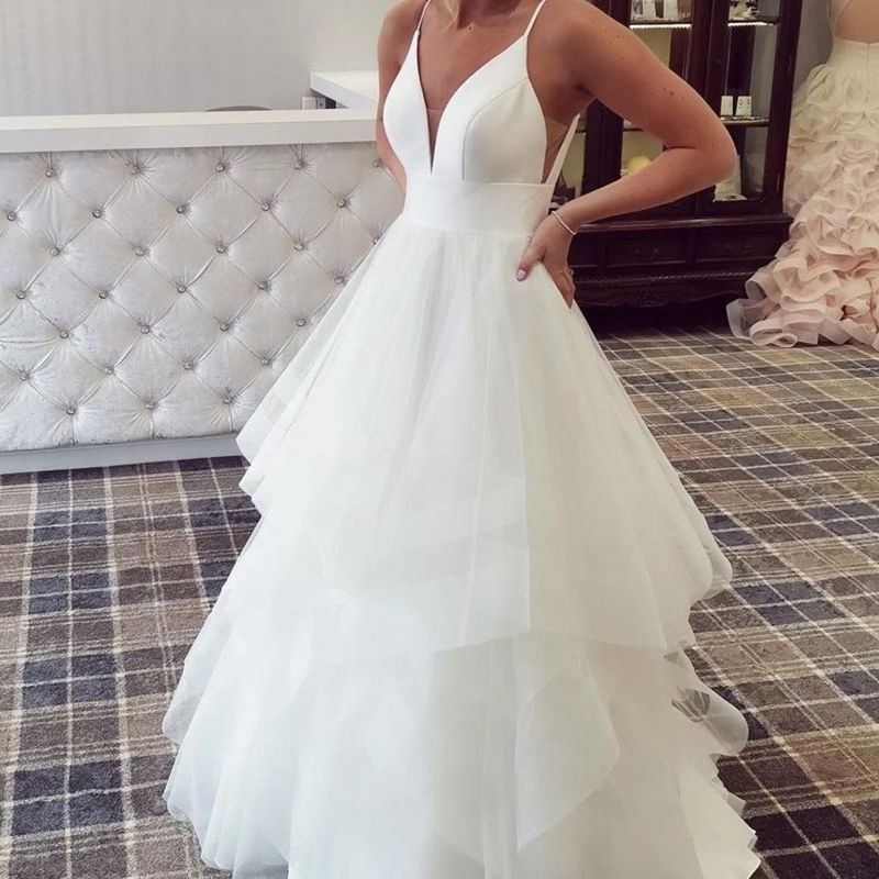 Vestido de casamento linha a com alça espaguete tule organza justo comprimento até o chão vestido de princesa sem mangas personalizado costas baixas