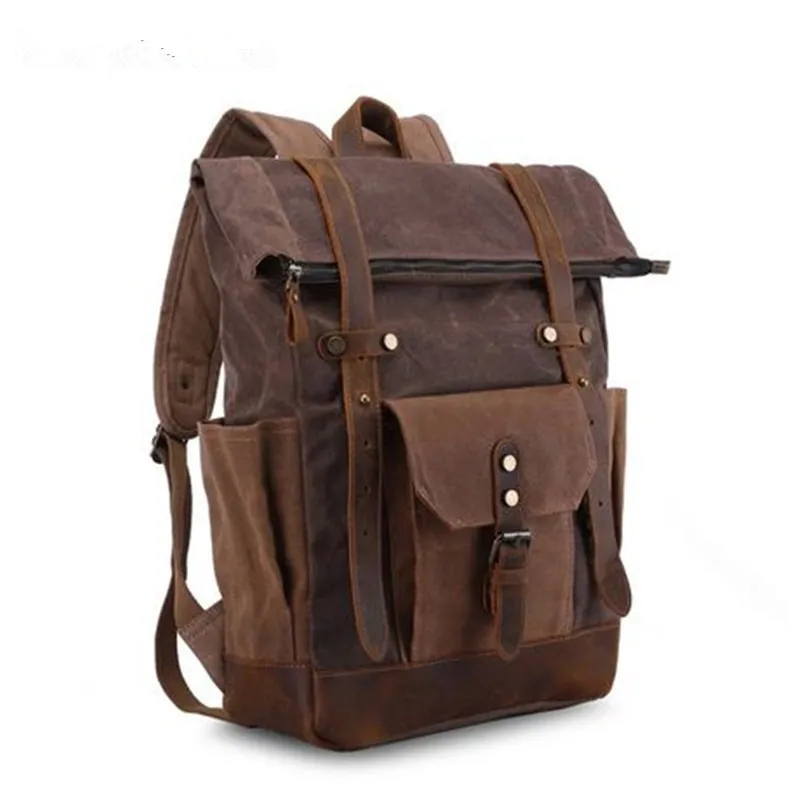 Vintage Style Men's Oil Wax Waterproof Canvas Backpack Retro Canvas Bags Unisex Large Capacity Travelling Backpacks