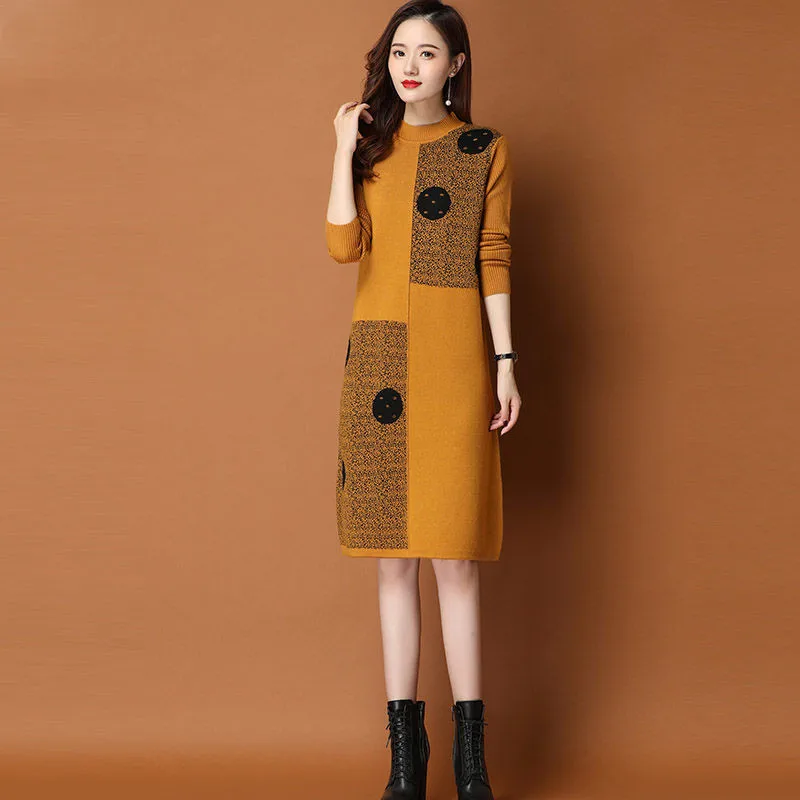 

Women's knitted Sweater Dress New Autumn Winter Color Matching Mid-long Dress Long sleeve Pullover Knit Dress Women Clothing