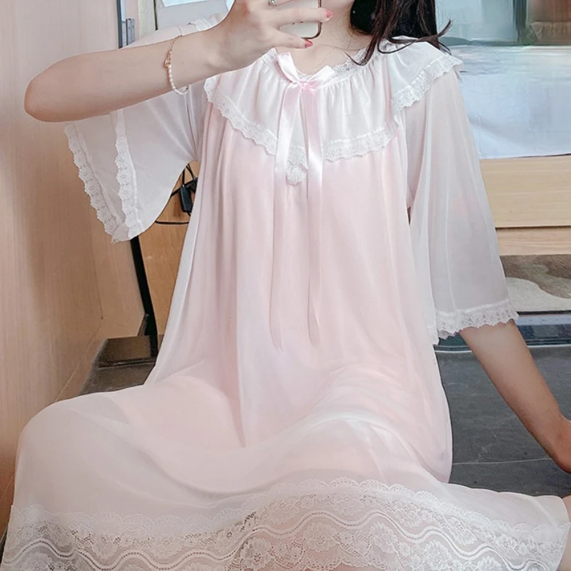 Women Romantic Nightgowns White Pink Lace Mesh Fairy Nighty Victorian Vintage Lolita Night Dress Girl Kawaii Sleepwear Nightwear