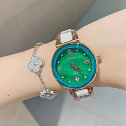 Shining Green Women Roman Watches Real Ceramic Bracelets Wrist watch Calendar Analog Watches Natural Shell Watches Waterproof