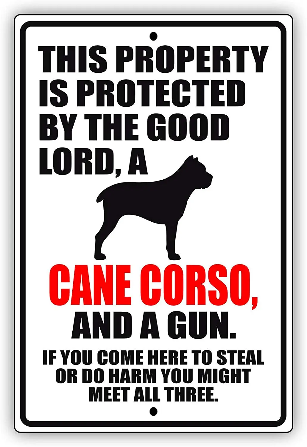 Afterprints This Property is Protected by The Good Lord A Cane Corso Dog Unique Novelty Caution Outdoor Warning Notice Aluminum