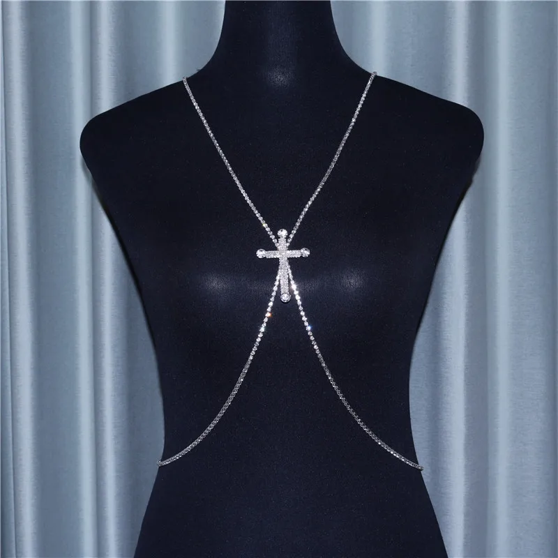 

2021 New Fashion Christian Cross Rhinestone Long Necklace Body Chain Sexy Women's Shining Crystal Harness Bra Party Jewelry Gift