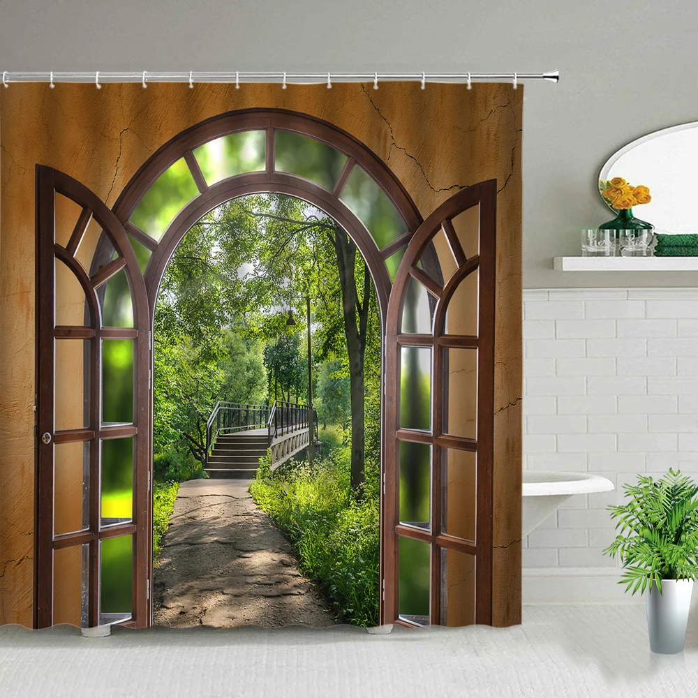 Window Outside Forest Bridge Spring Landscape Creativity Shower Curtain Zen Stone Tree Building Scenery Cloth Curtains With Hook