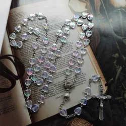 QIGO The Rosaries Acrylic Transparent Heart Catholic Crucifix Pendant Long Cross Necklace Religious Prayer Jewelry