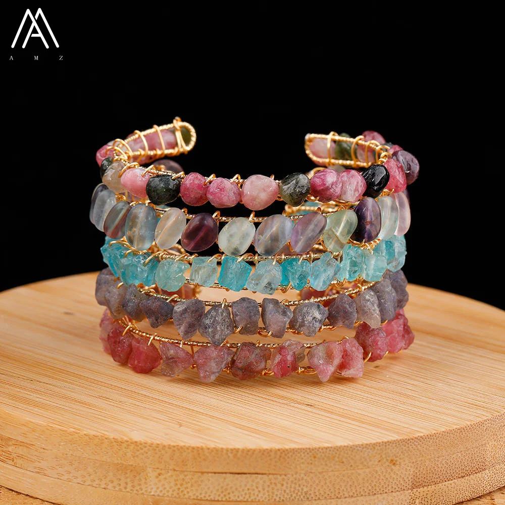 

Natural Rainbow Tourmaline Fluorite Stone Chip Beads Open Cuff Bracelet For Women Fashion Boho Statement Bracelet Jewelry Gift