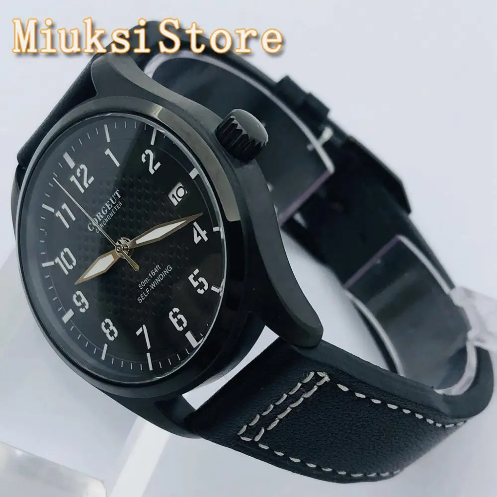 CORGEUT 40mm Black PVD Case Brown Sterile Dial Luminous Waterproof Leather Strap 24 Jewels NH35 Movement Men\'s Automatic Watch